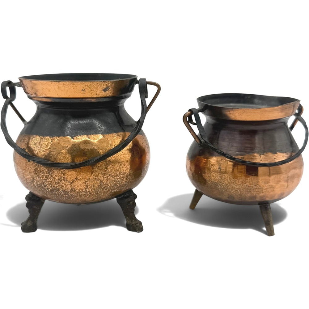 Vintage Mini Copper Cauldron Pair Footed Bail Handles Made in Italy Decor